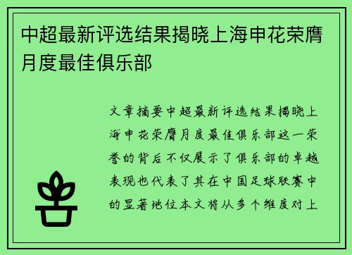 中超最新评选结果揭晓上海申花荣膺月度最佳俱乐部